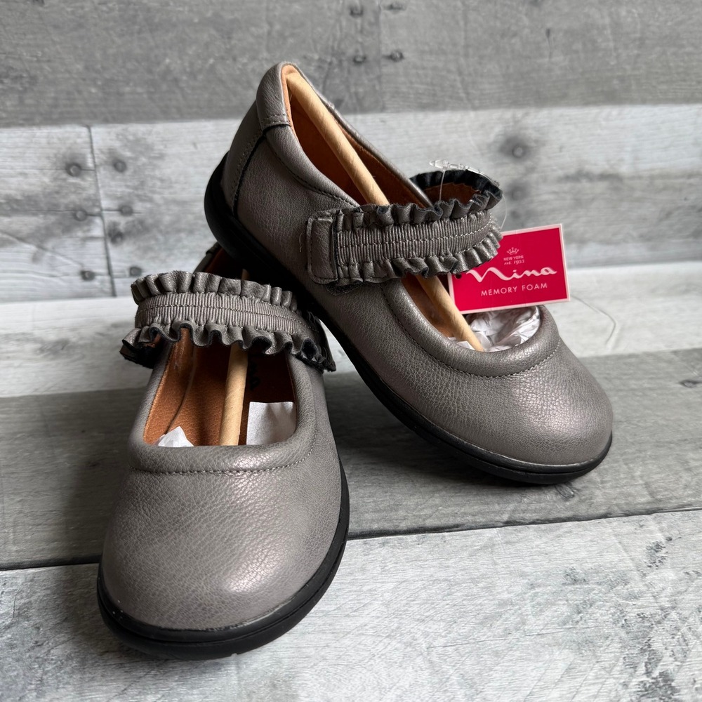 Nina Kids Pewter Metallic Ruffle Mary Jane Memory Foam Dress Shoes 10M